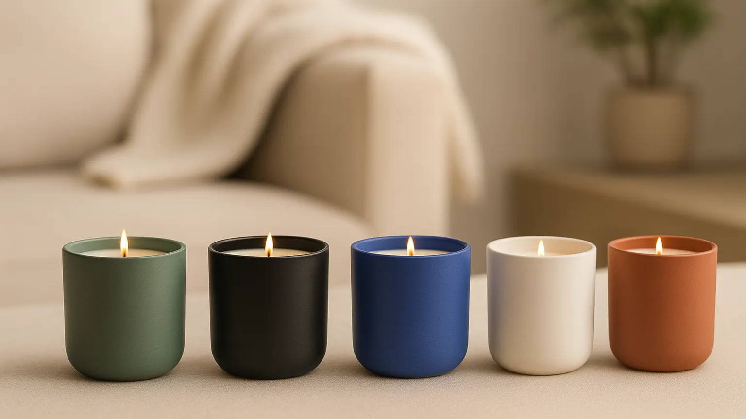 Five label-free Hartisans soy candles in a line — sage, charcoal, cobalt, cream, and terracotta