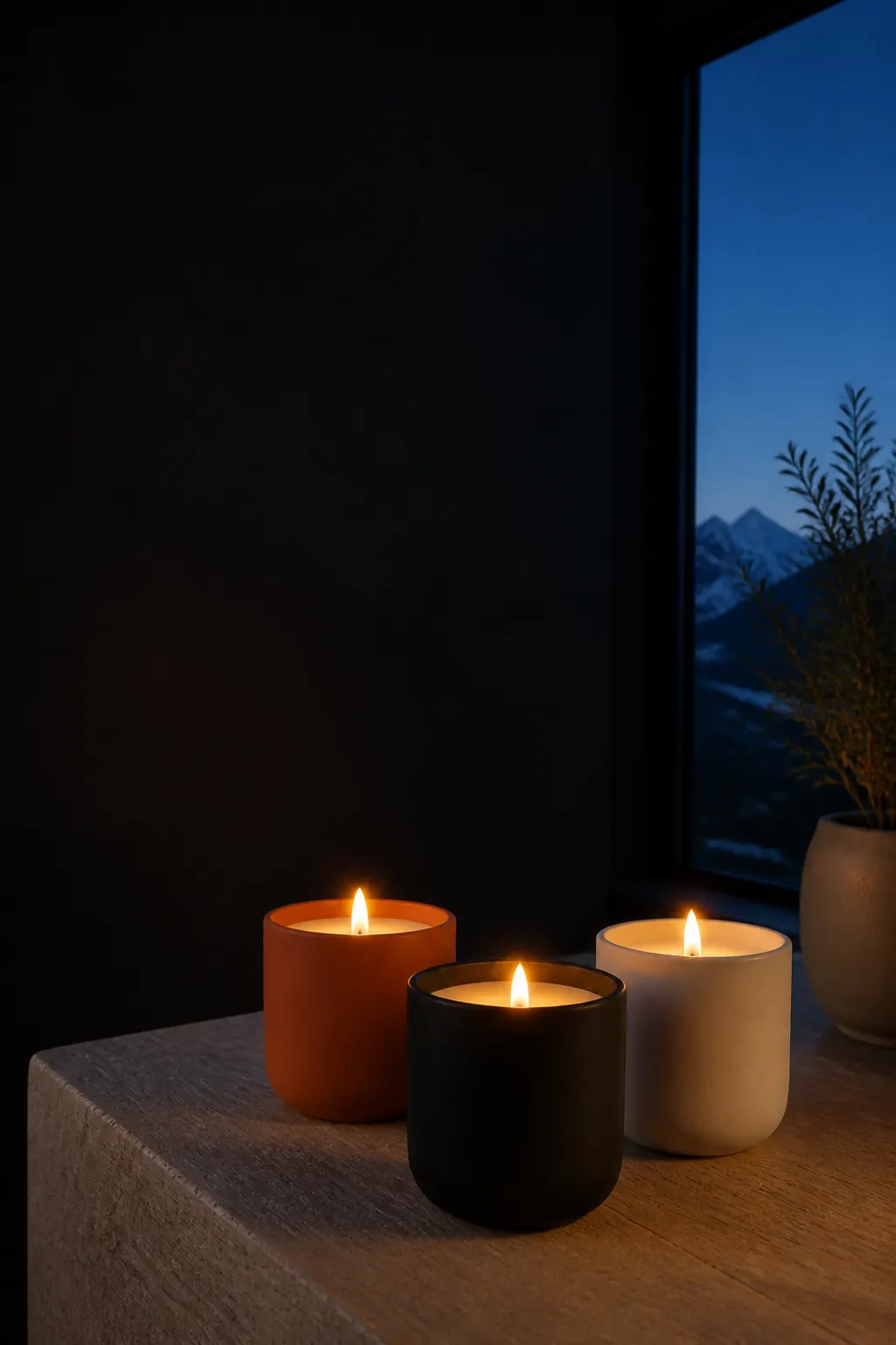 Label-free Hartisans candles lit at dusk, mountains outside a Durango window