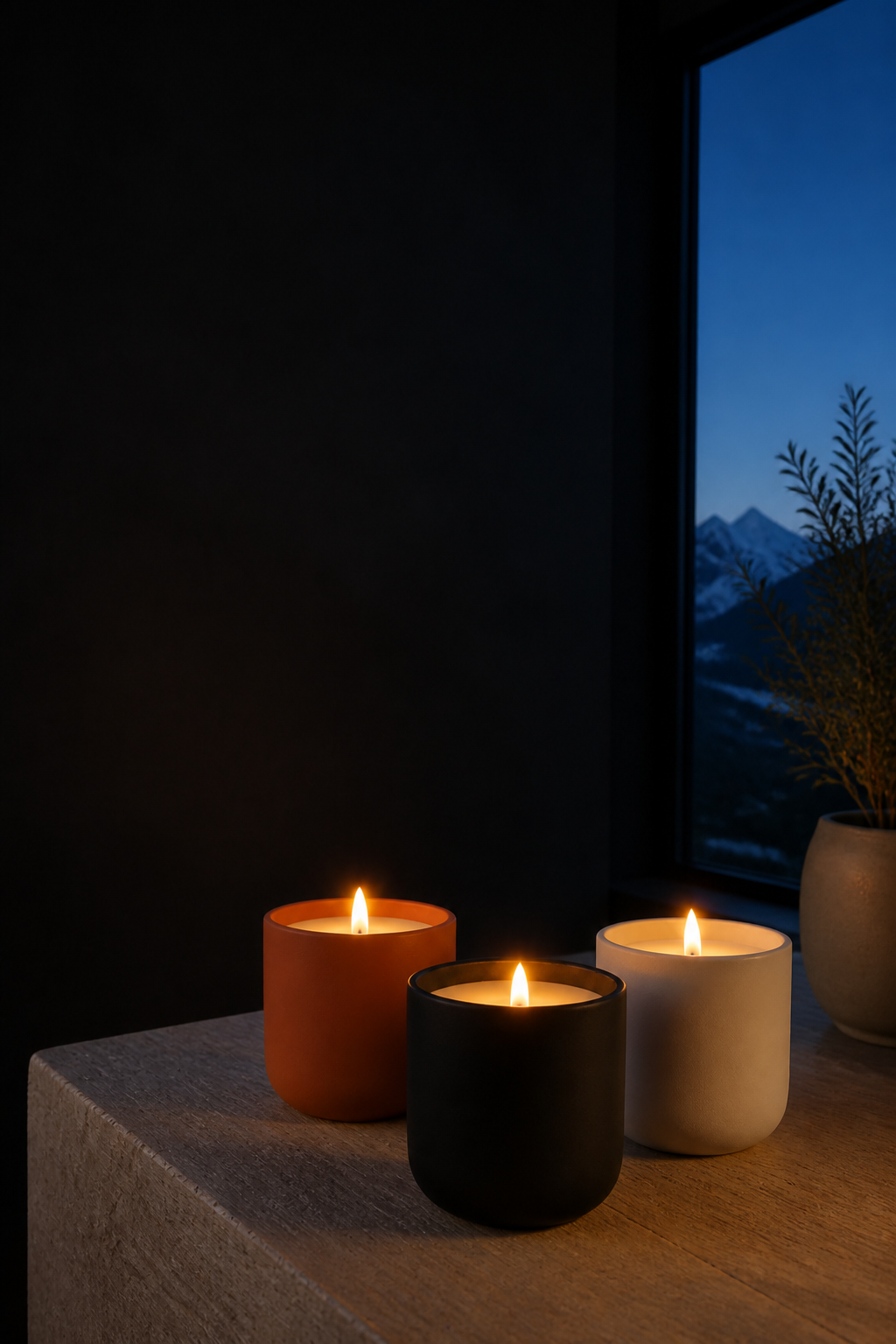 Label-free Hartisans candles lit at dusk, mountains outside a Durango window