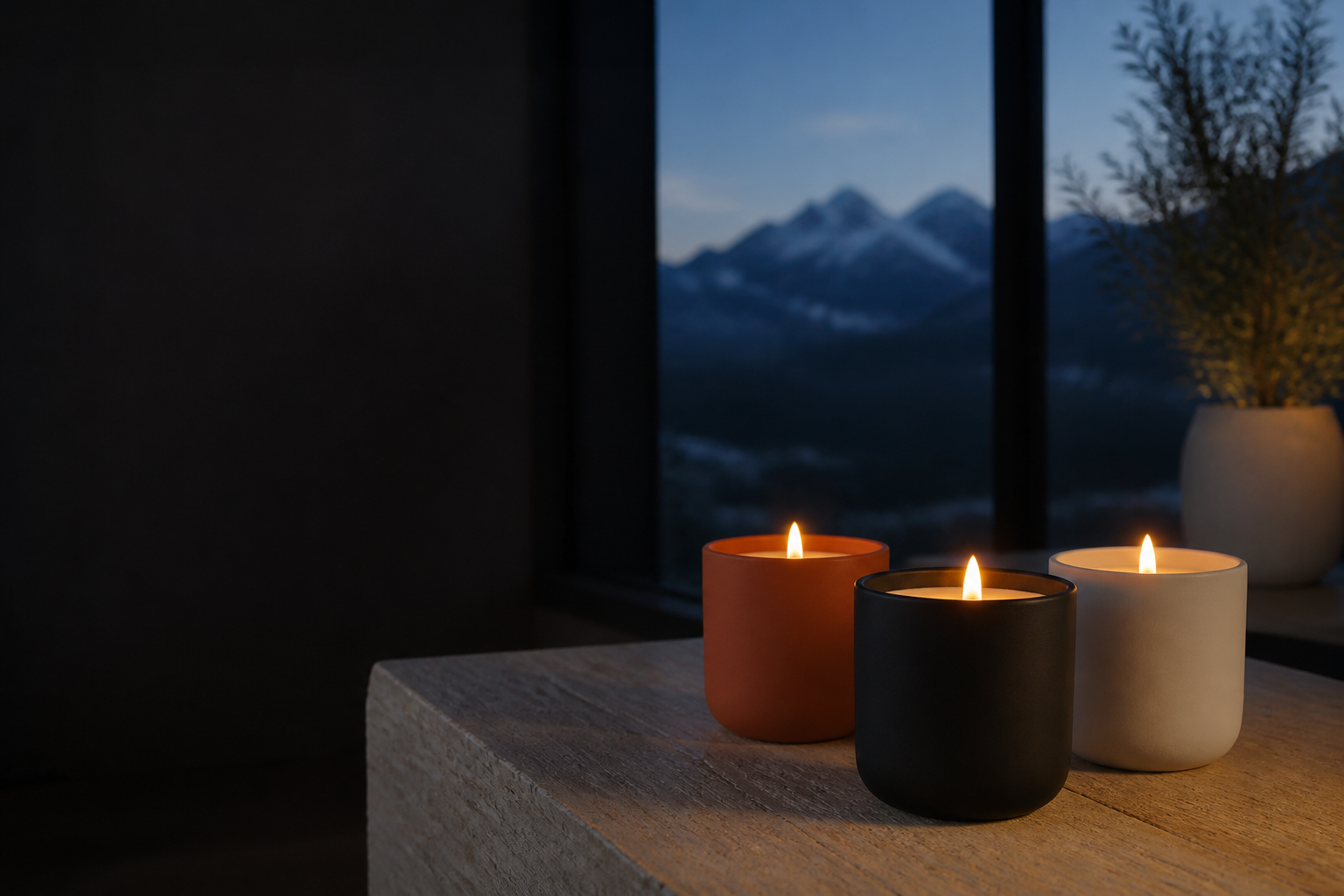 Label-free Hartisans candles lit at dusk, mountains outside a Durango window