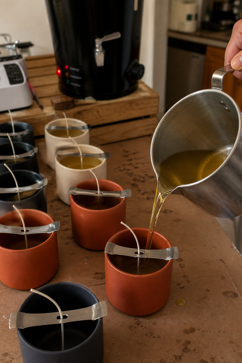 Gold soy poured into label-free ceramic jars in the Durango kitchen
